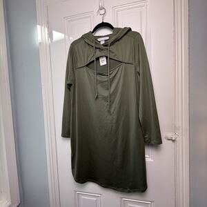 Curvy Girl by Ashley Stewart Olive Green Cutout Hoodie Dress Womens XL NWT